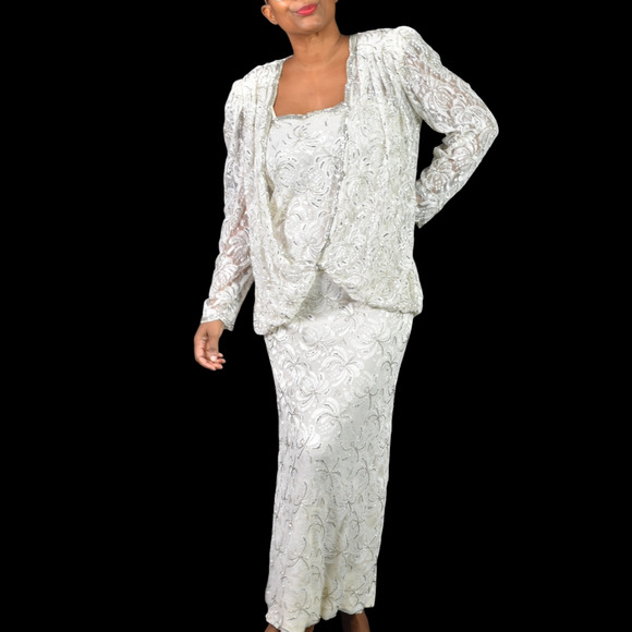 Vintage Beaded Lace Dress White 80s Sequin Maxi Blouson Handmade Bespoke Small - Picture 11 of 12